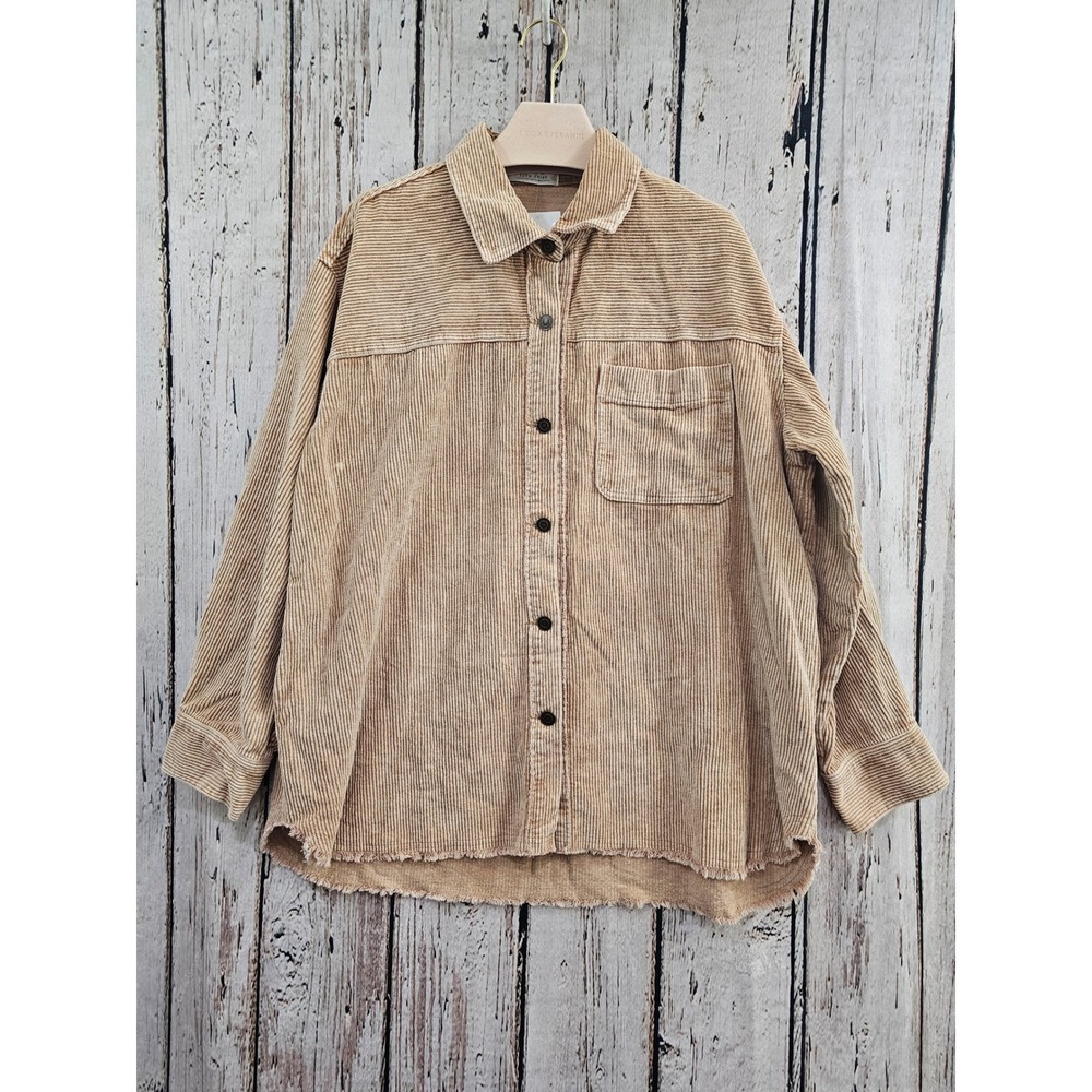 12th Tribe Corduroy Shacket Large Tan Distressed Raw Hem Button Up Chore Jacket